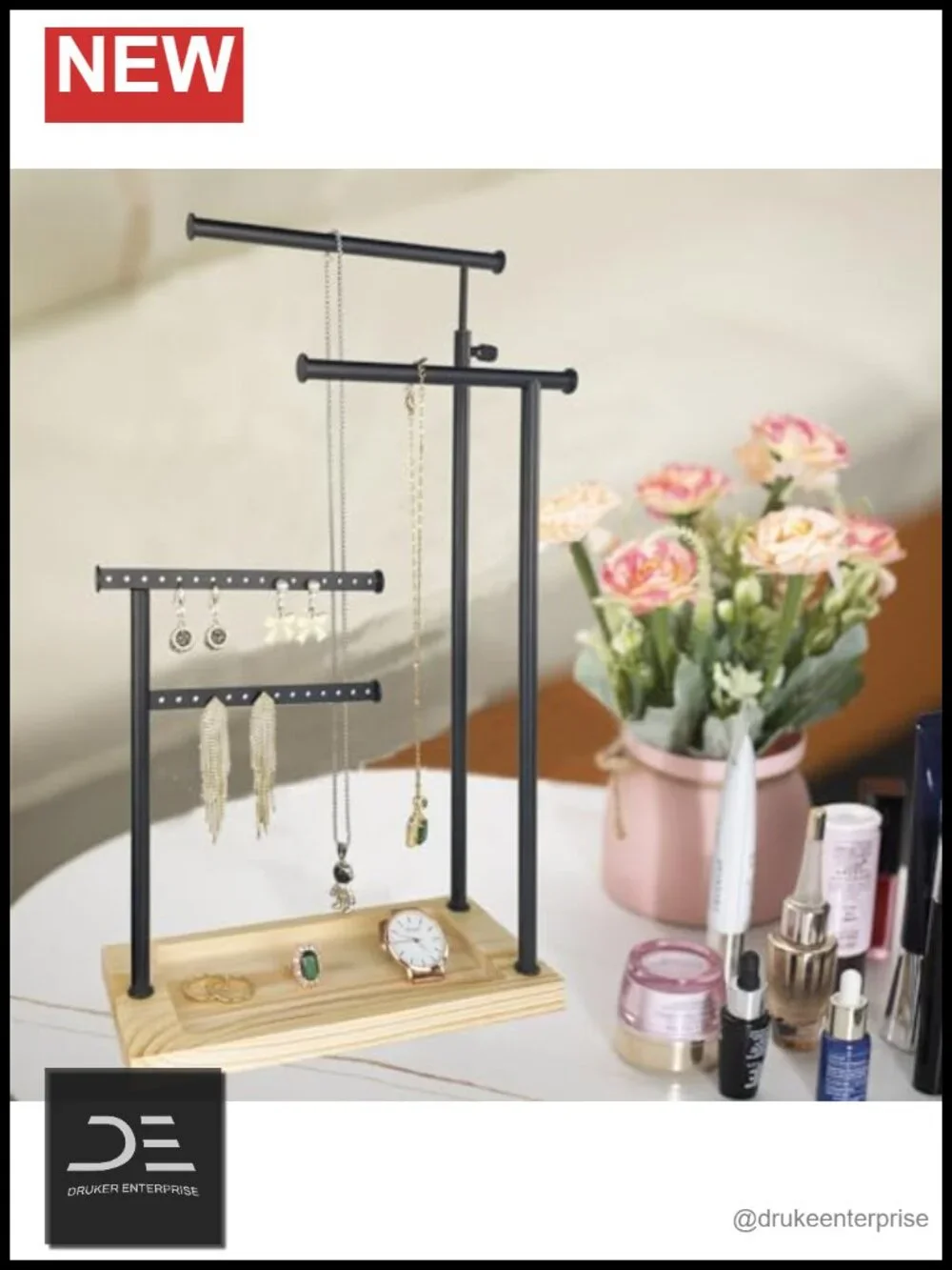 4-Tier Adjustable Jewelry Stand Necklace Earring Holder Iron Wood